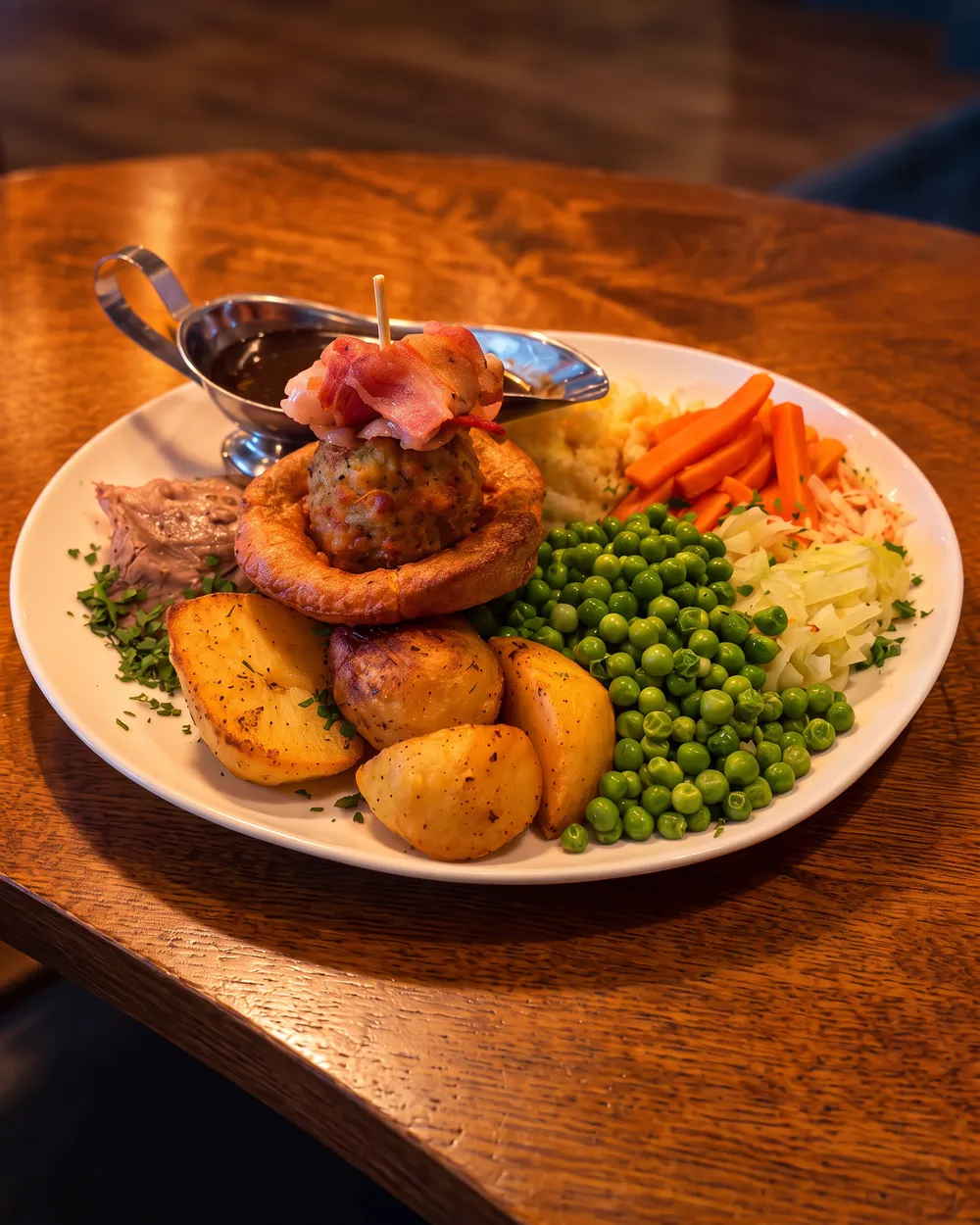 The Deli Sunday dinner: roast meat, Yorkshire pudding, stuffing wrapped in bacon, roast potatoes, peas, carrots, cabbage and a jug of gravy.