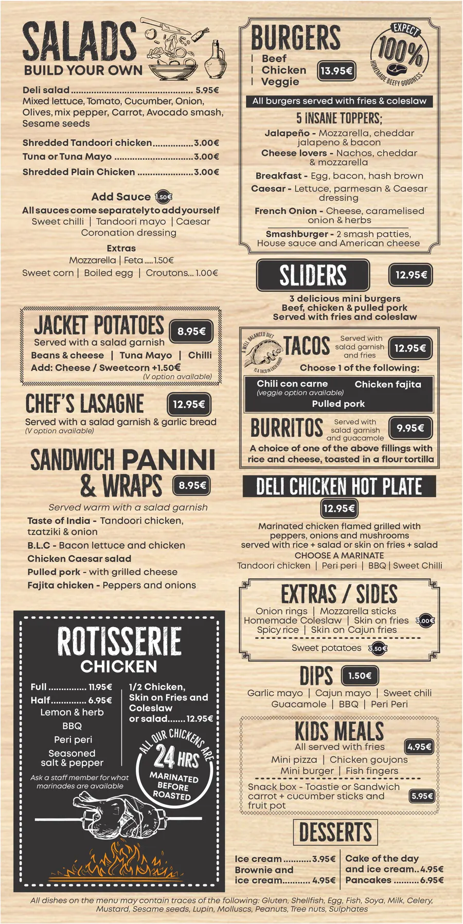Menu page 2: salads, burgers, sliders, tacos, burritos, jacket potatoes, lasagne, sandwiches and wraps, rotisserie chicken, sides, kids meals and desserts.